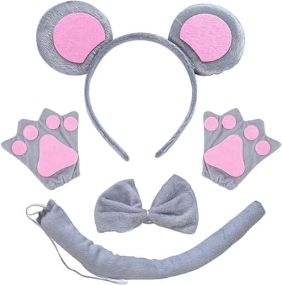 4-delige dieren kostuumset voor kinderen met muisoren, staart, strik en handschoenen voor verjaardagsfeestjes, carnaval en cosplay