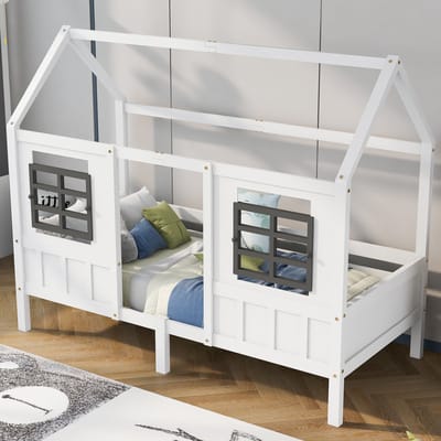 DESMIU Huisbed 90x200 cm – Kinderbed Met Dubbele Ramen En Veiligheidshek – Dagbed Met Beschermpanelen – Voor Kinderkamer – Massief Hout – Wit – Zonder Matras