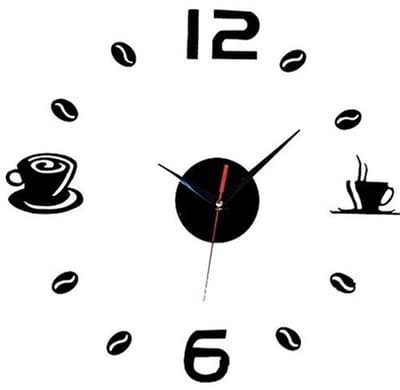 Dailygoods - Dailygoody - Grote Wandklok DIY Muursticker Klok - Decoratieve Klok voor Thuis - Zwart - Koffie en Thee Thema - Stijlvolle Klok voor Woonkamer en