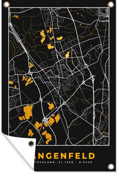 Muurdecoratie Black and Gold – Stadskaart – Langenfeld – Duitsland – Plattegrond – Kaart - 120x180 cm - Tuinposter - Tuindoek