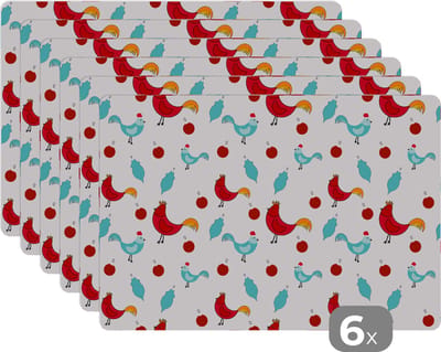 Placemat - Placemats kunststof - Patronen - Dieren - Kip - 45x30 cm - 6 stuks - Hittebestendig - Anti-Slip - Onderlegger - Afneembaar