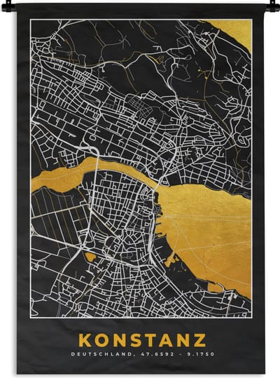Wandkleed - Wanddoek - Konstanz - Goud - Stadskaart - Plattegrond - Duitsland - Kaart - 120x180 cm - Wandtapijt
