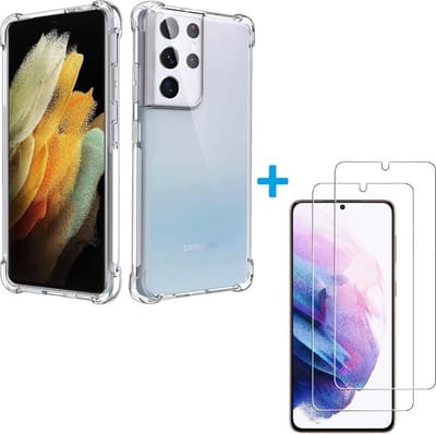 Shockproof Hoesje Geschikt voor: Samsung Galaxy S21 Ultra Anti-Shock TPU Siliconen Soft Case + 2X Tempered Glass Screenprotector