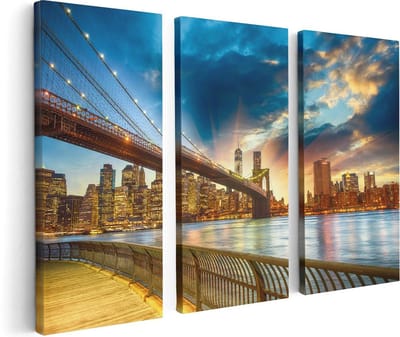 Artaza Canvas Schilderij Drieluik New York Brooklyn Brug  - 120x80 - Foto Op Canvas - Canvas Print