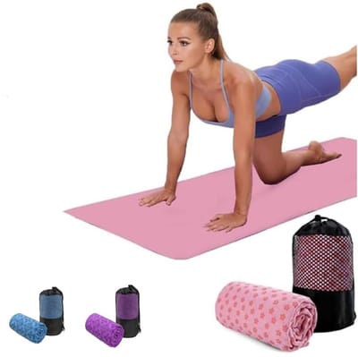 Yogahanddoek - Yogahanddoek - Yogahanddoek - Vochtregulerend en antislip - Yogahanddoek - Sneldrogende yogamatstof - Ademende yogamat met opbergtas van mesh - Geschikt voor hot yoga, pilates en fitness - Roze