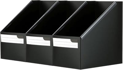 Set van 3 Vouwbare Tijdschrift Houder - Plastic Organizer met Labels voor Kantoor en Thuis, Ideaal voor Tijdschriftopslag en Papieren Organisatie in Zwart