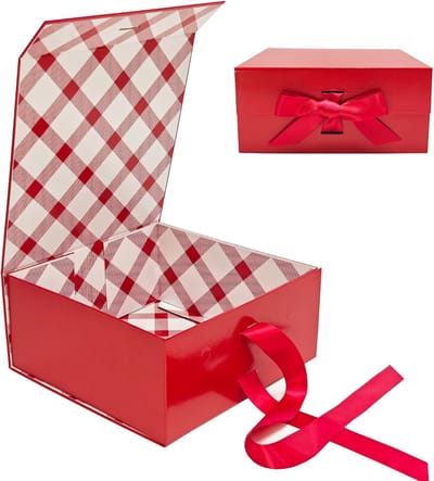 SnelShoppen - Premium Rode Geschenkdoos 22 x 22 x 10 cm met Magnetisch Deksel en Lint, Perfect voor Feestdagen, Bruiloft, Verjaardagscadeau, Geruite V
