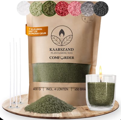 Comforder 400g Kaarsenzand met Geur Dennenboom - Burning Sand - Kaarsen Maken voor Volwassenen - 50 branduren - Met 4 lonten