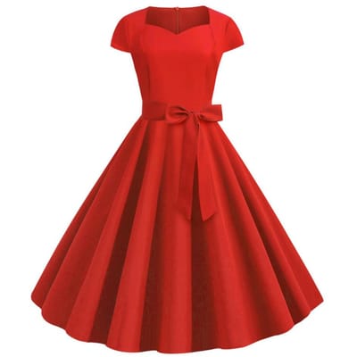 Damesjurk V-hals Met Riem Strikdecoratie A-lijn Grote Swing Strakke Hoge Taille Effen Kleur Retro Korte Mouw Prinsessenstijl Dames Midi Jurk M rood