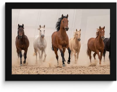 Poster in lijst - Fotolijst 30x20 cm - Posters - Kudde paarden - Stofwolk - Bruin - Zwart - Posterlijst zwart - Decoratie - Wanddecoratie woonkamer - Muurdecoratie slaapkamer