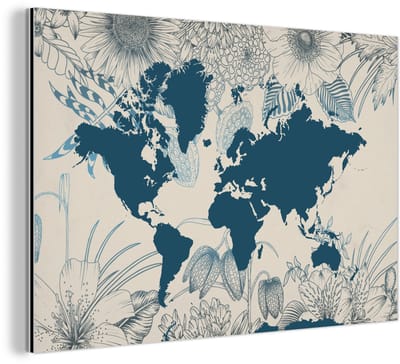 Aluminium schilderij 120x80 cm - Wanddecoratie metaal - Wereldkaart - Blauw - Bloemen - Metalen muurdecoratie woonkamer - Decoratie industrieel - Foto op dibond - Industriële accessoires slaapkamer