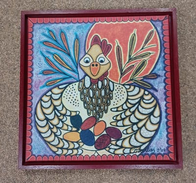 Gyclee op doek met rode baklijst Marlies van Wezel - kip met eieren 41 x 41 doekmaat