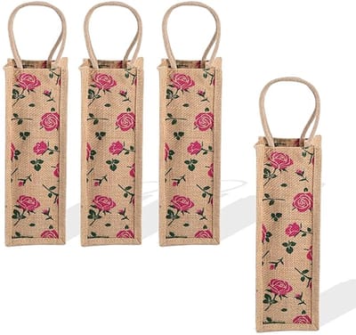 Jute Bottle Bag (Pack of 4) - 1 LTR Reusable Carry Bag With Handle for Office, Wine, Travel - Small Rose-Print Pink