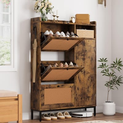 Schoenenkast Smal met Rotan Front - 90x23x131cm - Zijhaken - 3 Klepkasten en 4 Lagen Compartimenten - Hoogte Verstelbare Planken - Voor Hal en Woonkamer - Bruin