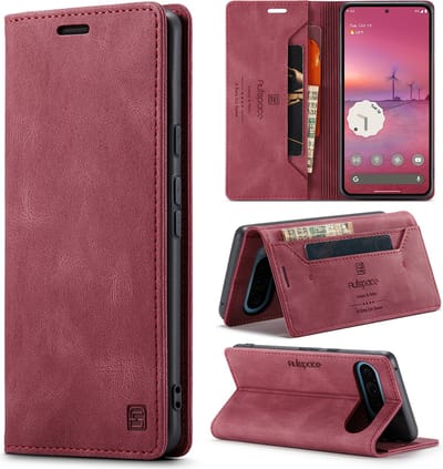 Luxe Flip Case met RFID Bescherming Kaarthouder en Magneetsluiting voor Google Pixel 9 / 9 Pro / 10 /10 Pro _ Wijnrood