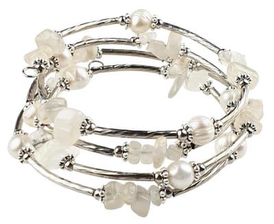 Zoetwaterparel wikkelarmband met edelstenen Wrap Pearl Moonstone - echte parels - maansteen - parel armband dames - wit - zilver - sieraden zakje