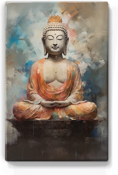 Boeddha in oranje gewaad - Laqueprint - 19,5 x 30 cm - Niet van echt te onderscheiden handgelakt schilderijtje op hout - Mooier dan een print op canvas. - LP540