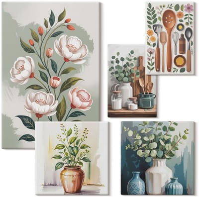 Wallfluent Set van canvas schilderijen - Stijlvolle decoraties met plantenmotieven en keukenaccessoires Canvas Schilderijen Set - Set van 5 Canvas Schilderijen - Grijs Set van Canvas Prints - Natuur Canvas Kunst Set - Boheemse Canvas Kunst Set