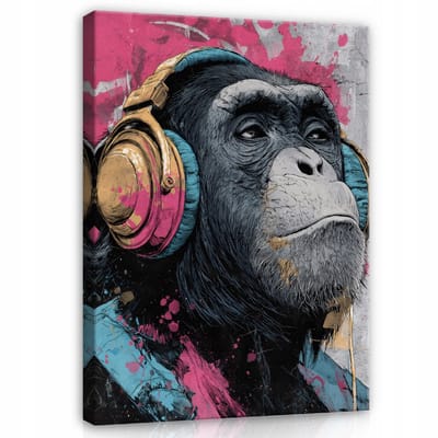 WALLARENA - Schilderij op canvas - 100x70 cm - graffiti aap in Banksy stijl - moderne wanddecoratie kantoor en woonkamer