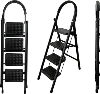 Vouwladder met 4 treden - Keukenladder Steekladder - Huishoudelijk werk - Inklapbaar met veiligheidsvergrendeling - 150 kg draagvermogen