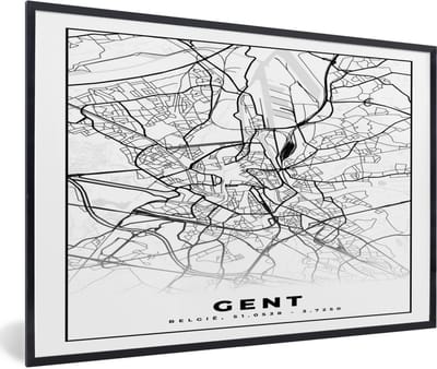 Fotolijst incl. Poster Zwart Wit- Stadskaart – Plattegrond – België – Zwart Wit – Gent – Kaart - 60x40 cm - Posterlijst