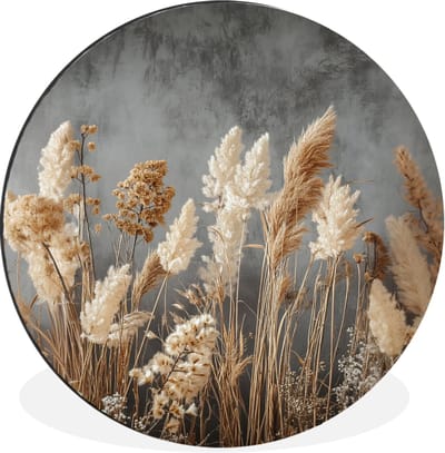 WallCircle - Wandcirkel - Muurcirkel - Gedroogde Veldbloemen - Grijs - Beton - Aluminium - Dibond - 30x30 cm - Binnen en Buiten
