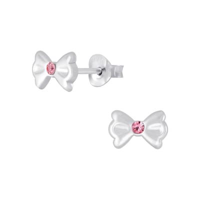 Joy|S - Zilveren strikje oorbellen - 7 x 4 mm - kristal roze - kinderoorbellen
