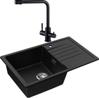 CECIPA max Spoelbak Antraciet 78x45CM - Granieten Spoelbakken Met 3 Wege Keukenkraan - Enkele Spoelbak - Spoelbak Met Afdruiprek - Spoelbakken Incl. Sifon en Afvoerzeefje