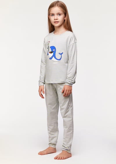 Woody pyjama meisjes/dames - lavendel-geel gestreept - walvis - 231-1-PZB-Z/916 - maat 152