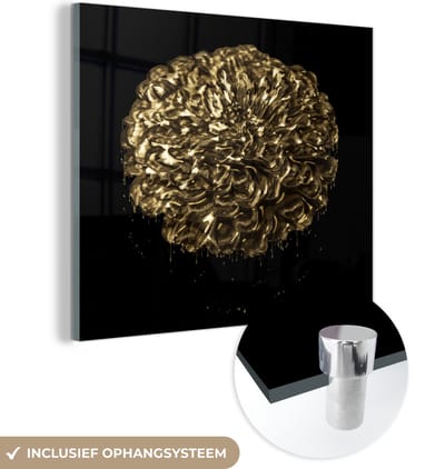 MuchoWow® Glasschilderij 50x50 cm - Schilderij acrylglas - Bloemen - Bladeren - Goud - Foto op glas - Schilderijen