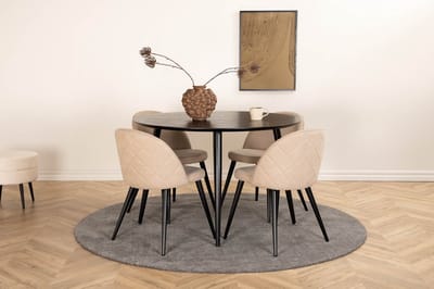 DippØ115BLBL eethoek eetkamertafel zwart en 4 Velvet Stitches eetkamerstal beige.
