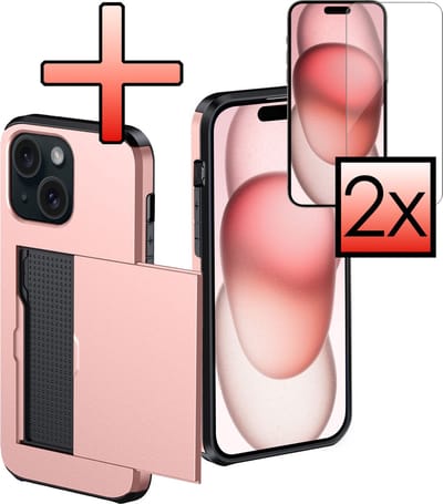 Hoes Geschikt voor iPhone 15 Hoesje Pasjeshouder Hard Cover Met 2x Screenprotector Shock Proof Hard Case Hoes Met Kaarthouder - Rosé goud