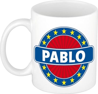 Bellatio Decorations - Pablo voornaam - koffiemok - beker - wit/blauw - 300 ml - Cadeau - Heren - Collega - Vaderdag - Verjaardag