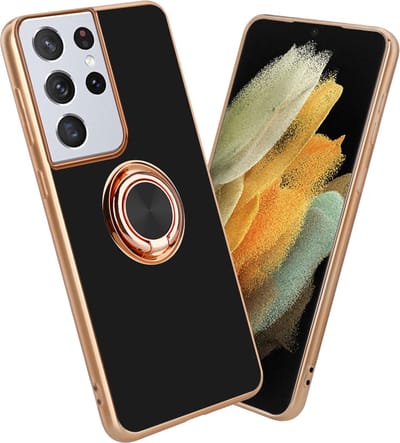 Cadorabo Hoesje geschikt voor Samsung Galaxy S21 ULTRA in Glossy Zwart - Goud met ring - Beschermhoes van flexibel TPU-silicone Case Cover met camerabescherming en magnetische autohouder