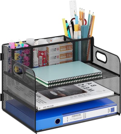 Desk Shelf met 3 Compartimenten van Metaal, Desk Organizer voor Thuis en School, A4 Briefbak in Zwart