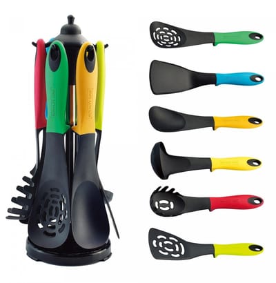 Royalty Line® NU6S Keukengerei Set - 7 Delige Kookgerei Set - BPA Vrij - Koken - Ophangbaar - Hittebestendig - Met Carroussel - Kitchenset - Multi Kleur