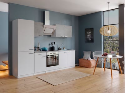 Goedkope keuken 270 cm - complete keuken met apparatuur Malia - Wit/Beton - soft close - keramische kookplaat - afzuigkap - oven - spoelbak