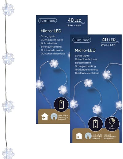 Lumineo Sneeuwvlokken lichtsnoer - 2x - wit - 40 led lampjes - 195 cm - timer - batterij - sneeuw/kerstverlichting