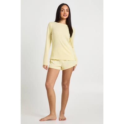 boohoo Dames Pointelle Pyjama Set met Lange Mouwen Top en Korte Broek | Lemon | Maat: 14