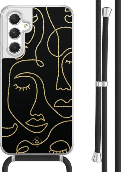 Casimoda® hoesje met koord - Geschikt voor Samsung A54 - Abstract Faces - Afneembaar koord - TPU/acryl - Zwart