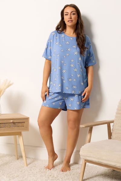Yours Blauwe Pyjamaset Van Zachte Stof Met Zeesterrenprint Size 42-44