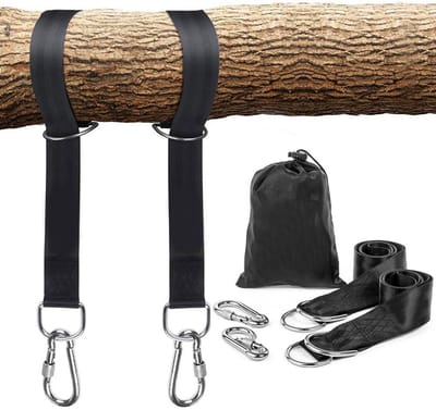 Hangmatbevestiging geschikt voor bomen, 2 x 150 cm, met 2 karabijnhaken en D-ringen, polyestergormen, perfect voor hangmatten, houdt tot 1000 kg met opbergtas