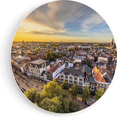 Artaza Forex Muurcirkel Groningen Skyline Stad bij Zonsondergang - 70x70 cm - Wandcirkel - Rond Schilderij - Wanddecoratie Cirkel - Muurdecoratie