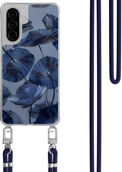 Hoesje met koord geschikt voor Samsung Galaxy A36 - Dusky blooms - Inclusief Donkerblauw koord - Crossbody beschermhoes - Transparant, Paars - Mooie Telefoonhoesjes