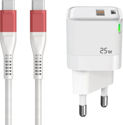 GB Mini Snellader 25W – USB-C + USB-A – Incl. 2m USB-C Kabel (Rose Red) – Compact & Stevig – Voor iPhone 15 - 16, Samsung, iPad, MacBook & Meer