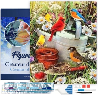 Figured'Art Diamond Painting set Volwassenen 40x50 cm met lijst Vogels in de tuin - 5D DIY Art full drill vierkante diamant - Canvas al ingelijst