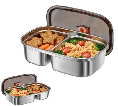 KZQ roestvrijstalen lunchbox met lekvrije tussenschotten, gemaakt van 304 roestvrij staal - geschikt voor werk, school en reizen - voor volwassenen en kinderen - tweedelige set