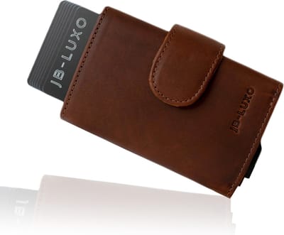 JB-Luxo Pasjeshouder - Uitschuifbaar - RFID Anti-Skim - 12 Pasjes - Bruin - Nappaleer en Aluminium