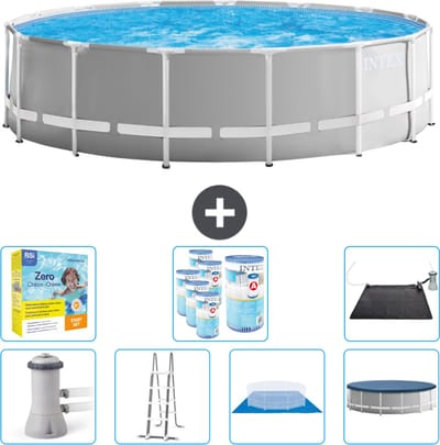 Intex Rond Prism Frame Zwembad - 457 x 122 cm - Grijs - Inclusief Pomp - Ladder - Grondzeil - Afdekzeil Onderhoudspakket - Filters - Solar Mat