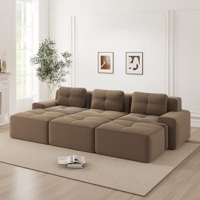 Wishdor Modulaire Bank - Diepe Zitting En Gebogen Rugleuning - Minimalistische Stijl Voor De Woonkamer - Ribstof - Bruin - Zitdiepte 74 Cm